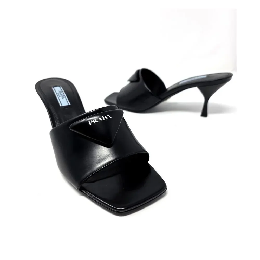 Prada Black Leather Triangle Logo Mule Slide Sandals Square Open Toe Heels 39 9